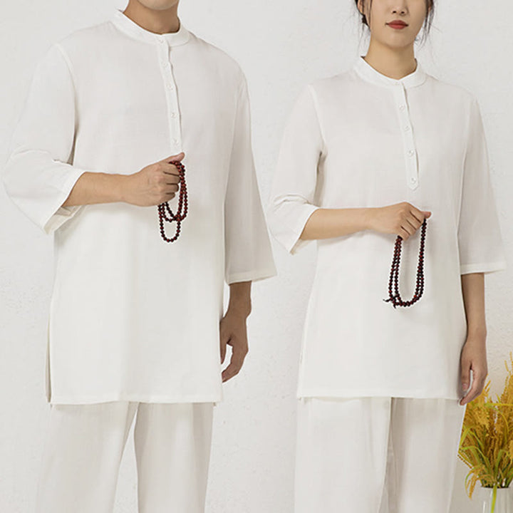 Ensemble de 2 pièces en Buddha Stones et lin pour femme avec boutons et manches trois-quarts et pantalon de méditation Zen Tai Chi