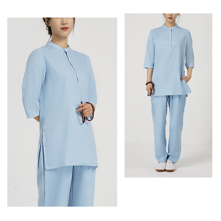 Ensemble de 2 pièces en Buddha Stones et lin pour femme avec boutons et manches trois-quarts et pantalon de méditation Zen Tai Chi