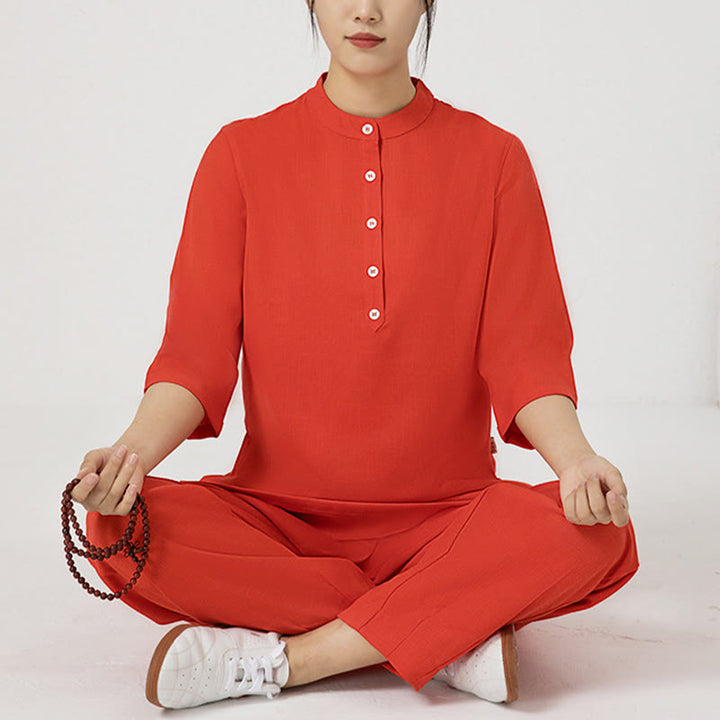 Ensemble de 2 pièces en Buddha Stones et lin pour femme avec boutons et manches trois-quarts et pantalon de méditation Zen Tai Chi