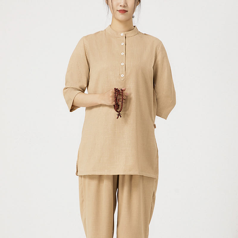 Ensemble de 2 pièces en Buddha Stones et lin pour femme avec boutons et manches trois-quarts et pantalon de méditation Zen Tai Chi