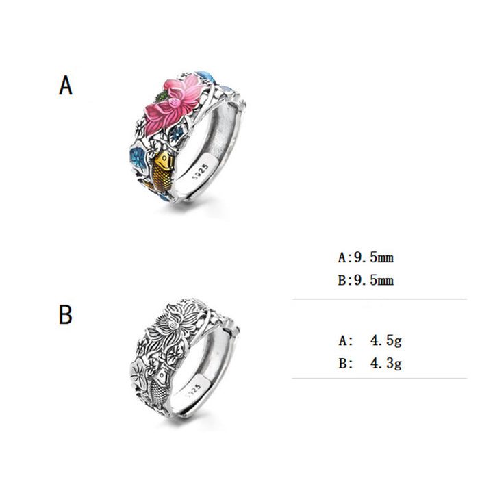 Bague de prospérité en argent sterling 925 avec poisson koï et fleur de lotus de Buddha Stones