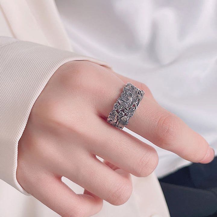 Bague de prospérité en argent sterling 925 avec poisson koï et fleur de lotus de Buddha Stones