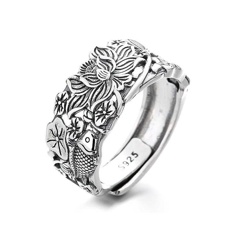 Bague de prospérité en argent sterling 925 avec poisson koï et fleur de lotus de Buddha Stones