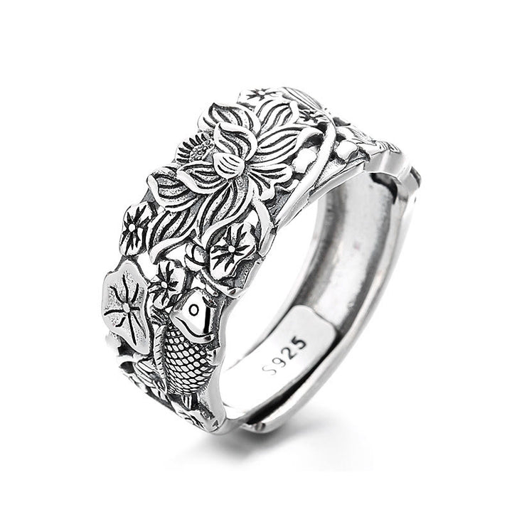 Bague de prospérité en argent sterling 925 avec poisson koï et fleur de lotus de Buddha Stones