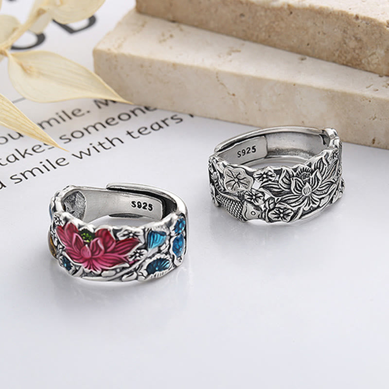 Bague de prospérité en argent sterling 925 avec poisson koï et fleur de lotus de Buddha Stones