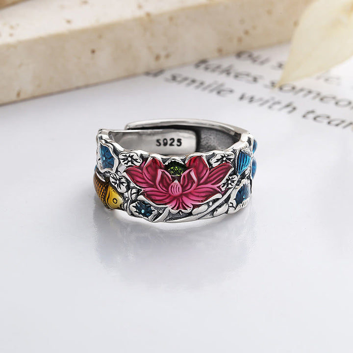 Bague de prospérité en argent sterling 925 avec poisson koï et fleur de lotus de Buddha Stones