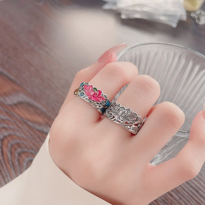 Bague de prospérité en argent sterling 925 avec poisson koï et fleur de lotus de Buddha Stones