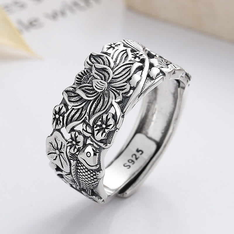 Bague de prospérité en argent sterling 925 avec poisson koï et fleur de lotus de Buddha Stones