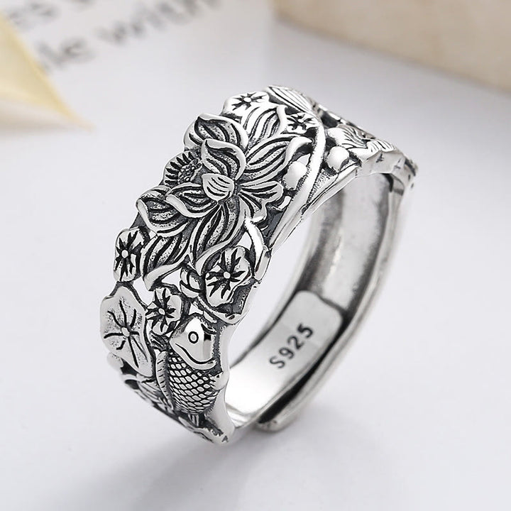Bague de prospérité en argent sterling 925 avec poisson koï et fleur de lotus de Buddha Stones