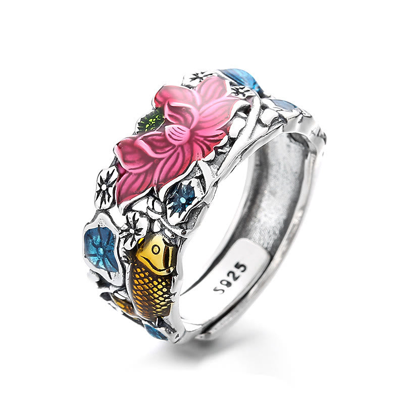 Bague de prospérité en argent sterling 925 avec poisson koï et fleur de lotus de Buddha Stones