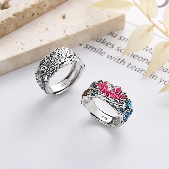 Bague de prospérité en argent sterling 925 avec poisson koï et fleur de lotus de Buddha Stones