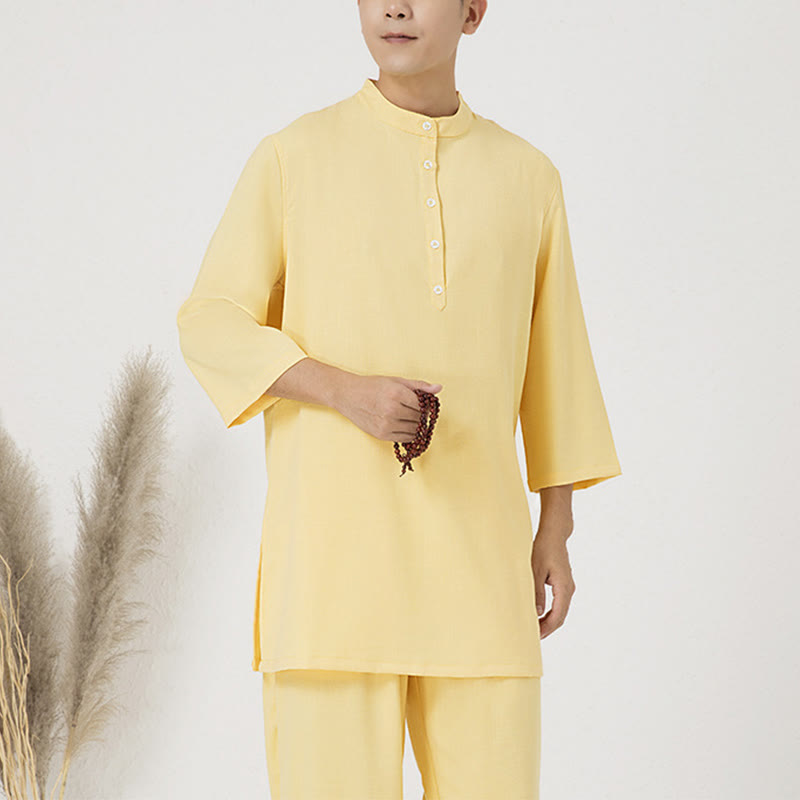 Ensemble de vêtements en coton et lin pour homme , 2 pièces, boutons, manches trois-quarts, haut et pantalon, méditation, zen, tai-chi - Jaune (haut et pantalon) - US/UK/AU40，EU50 (2XL) - image 10