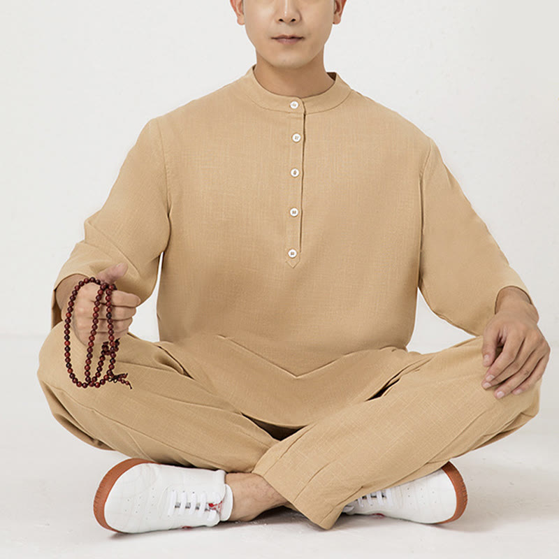 Ensemble de vêtements en coton et lin pour homme , 2 pièces, boutons, manches trois-quarts, haut et pantalon, méditation, zen, tai-chi - Marron (Haut et pantalon) - US/UK/AU40，EU50 (2XL) - image 13