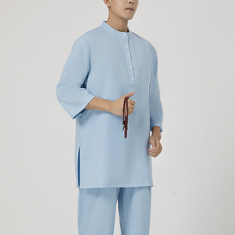 Ensemble de vêtements en coton et lin pour homme , 2 pièces, boutons, manches trois-quarts, haut et pantalon, méditation, zen, tai-chi - Bleu (haut et pantalon) - US/UK/AU40，EU50 (2XL) - image 7