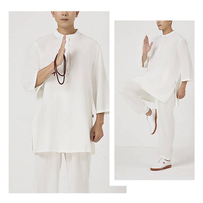 Ensemble de vêtements en coton et lin pour homme , 2 pièces, boutons, manches trois-quarts, haut et pantalon, méditation, zen, tai-chi - image 4