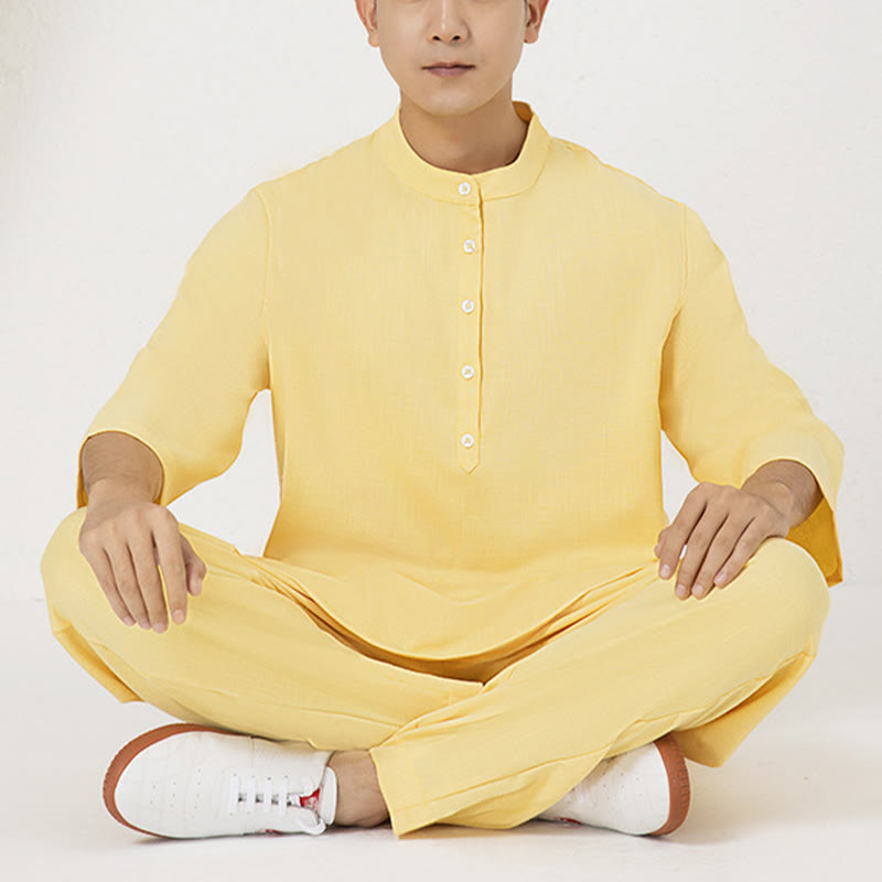 Ensemble de vêtements en coton et lin pour homme , 2 pièces, boutons, manches trois-quarts, haut et pantalon, méditation, zen, tai-chi - image 11