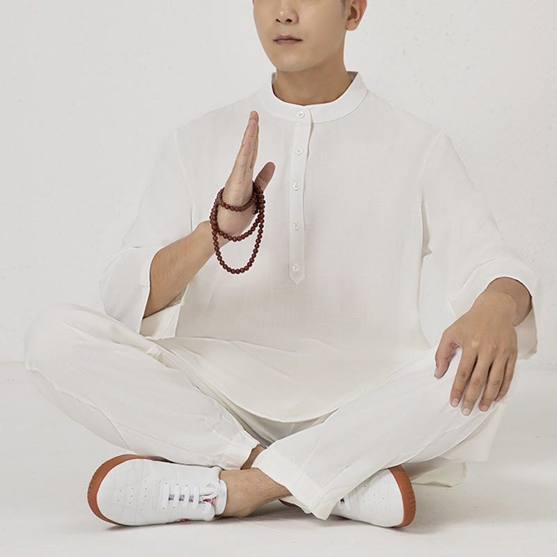 Ensemble de vêtements en coton et lin pour homme , 2 pièces, boutons, manches trois-quarts, haut et pantalon, méditation, zen, tai-chi - Blanc (haut et pantalon) - US/UK/AU40，EU50 (2XL) - image 0