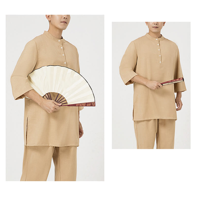 Ensemble de vêtements en coton et lin pour homme , 2 pièces, boutons, manches trois-quarts, haut et pantalon, méditation, zen, tai-chi - image 14