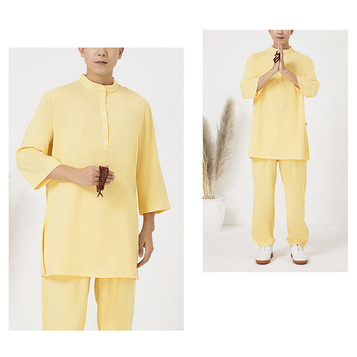Ensemble de vêtements en coton et lin pour homme , 2 pièces, boutons, manches trois-quarts, haut et pantalon, méditation, zen, tai-chi - image 12