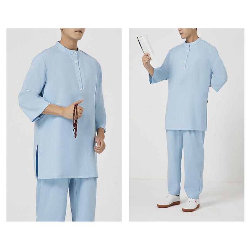 Ensemble de vêtements en coton et lin pour homme , 2 pièces, boutons, manches trois-quarts, haut et pantalon, méditation, zen, tai-chi - image 9
