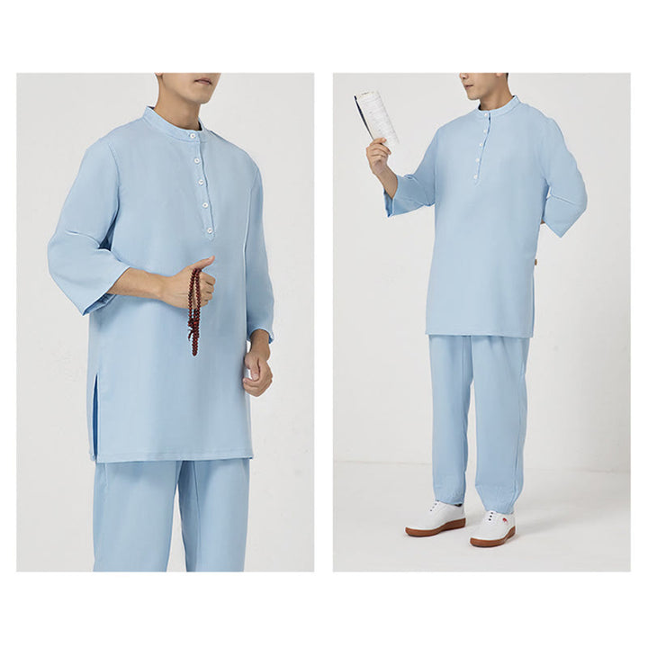 Ensemble de vêtements en coton et lin pour homme , 2 pièces, boutons, manches trois-quarts, haut et pantalon, méditation, zen, tai-chi - image 9