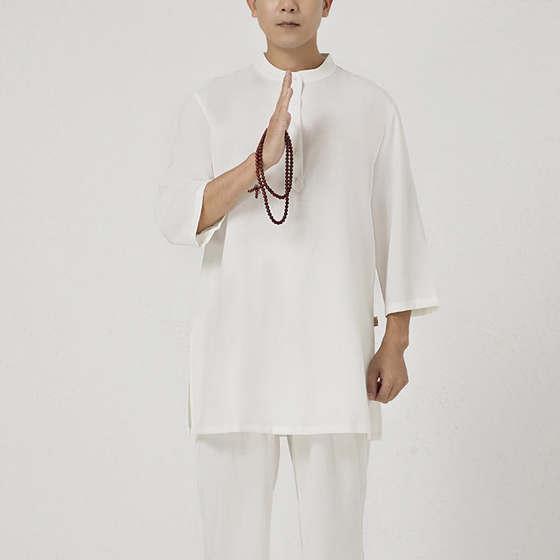 Ensemble de vêtements en coton et lin pour homme , 2 pièces, boutons, manches trois-quarts, haut et pantalon, méditation, zen, tai-chi - image 1