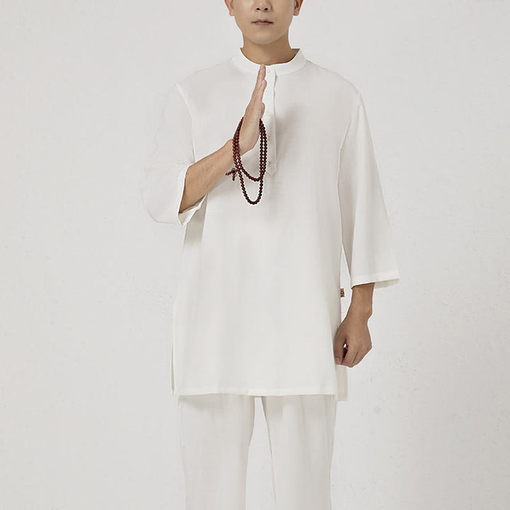 Ensemble de vêtements en coton et lin pour homme , 2 pièces, boutons, manches trois-quarts, haut et pantalon, méditation, zen, tai-chi - image 1