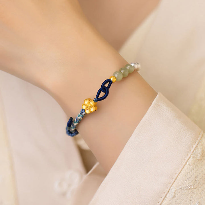 Bracelet porte-bonheur tressé en argent sterling 925 avec perles et fleur de pêcher en jade Hetian de Buddha Stones