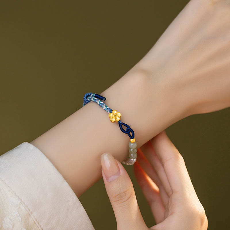 Bracelet porte-bonheur tressé en argent sterling 925 avec perles et fleur de pêcher en jade Hetian de Buddha Stones