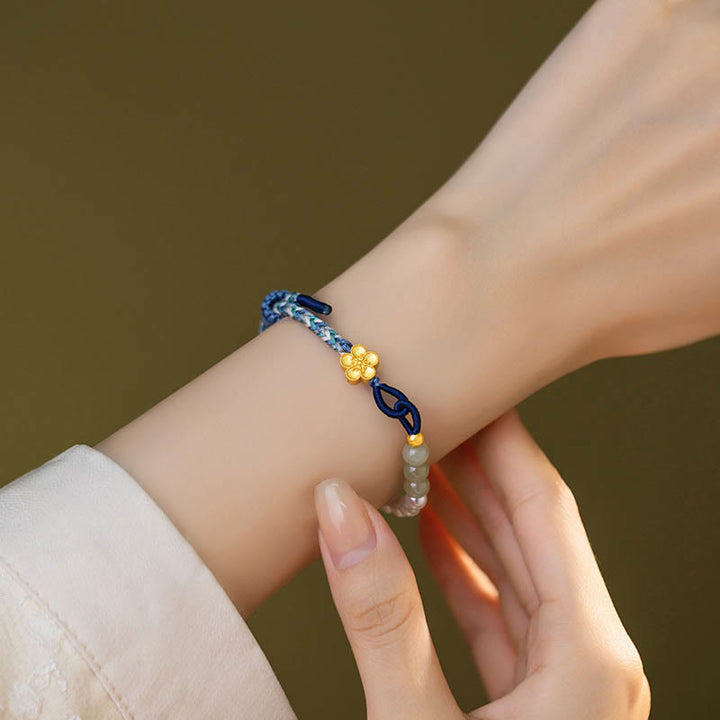 Bracelet porte-bonheur tressé en argent sterling 925 avec perles et fleur de pêcher en jade Hetian de Buddha Stones