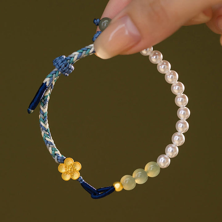 Bracelet porte-bonheur tressé en argent sterling 925 avec perles et fleur de pêcher en jade Hetian de Buddha Stones