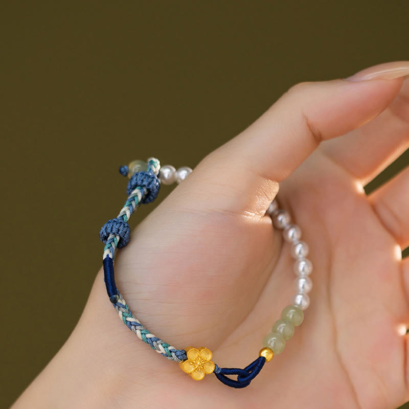 Bracelet porte-bonheur tressé en argent sterling 925 avec perles et fleur de pêcher en jade Hetian de Buddha Stones