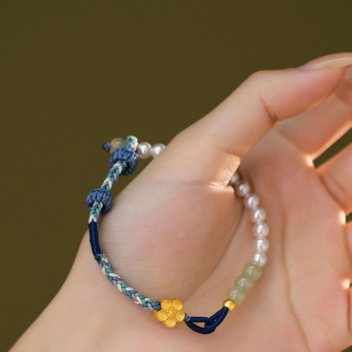 Bracelet porte-bonheur tressé en argent sterling 925 avec perles et fleur de pêcher en jade Hetian de Buddha Stones