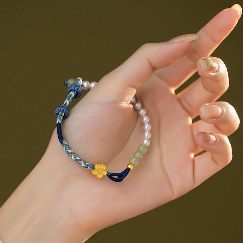 Bracelet porte-bonheur tressé en argent sterling 925 avec perles et fleur de pêcher en jade Hetian de Buddha Stones