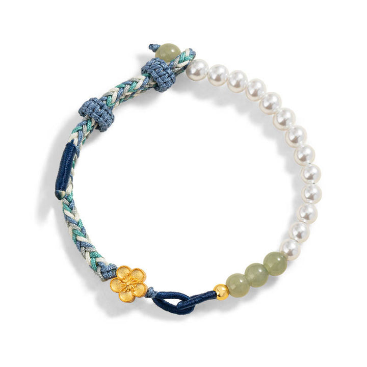 Bracelet porte-bonheur tressé en argent sterling 925 avec perles et fleur de pêcher en jade Hetian de Buddha Stones