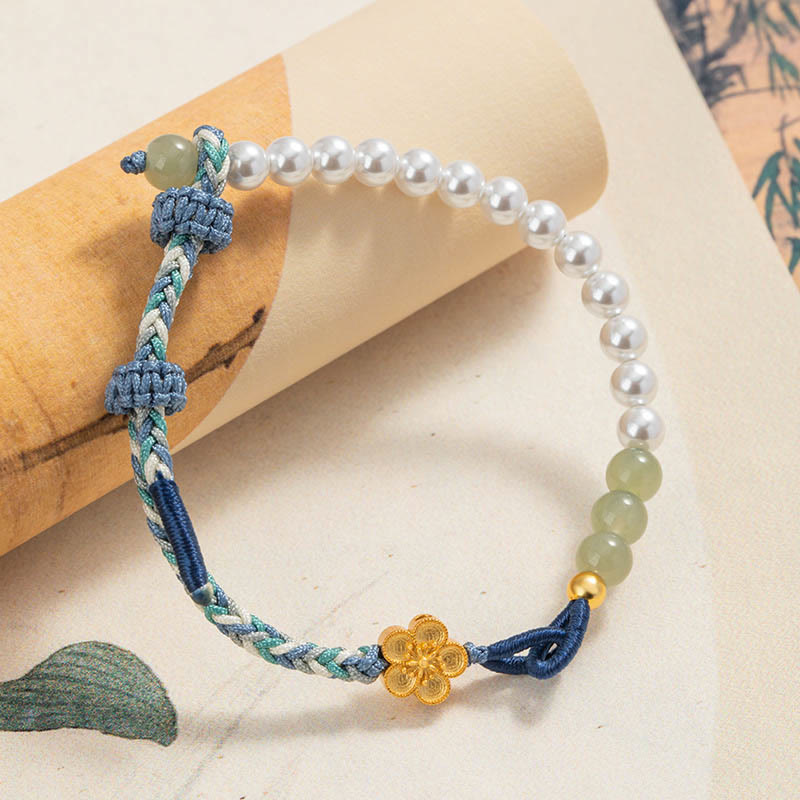 Bracelet porte-bonheur tressé en argent sterling 925 avec perles et fleur de pêcher en jade Hetian de Buddha Stones