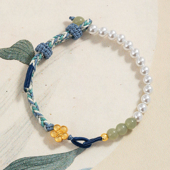 Bracelet porte-bonheur tressé en argent sterling 925 avec perles et fleur de pêcher en jade Hetian de Buddha Stones