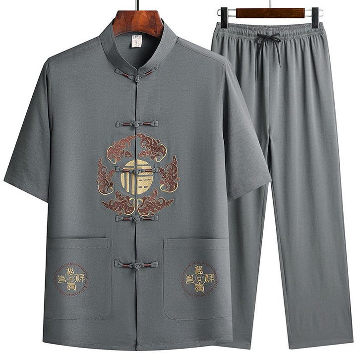 Buddha Stones Fu Caractère Tang Costume Hanfu Uniforme Traditionnel Haut À Manches Courtes Pantalon Vêtements Ensemble Homme - Gris (haut et pantalon) - US/UK/AU42，EU52 (3XL)  - image 0