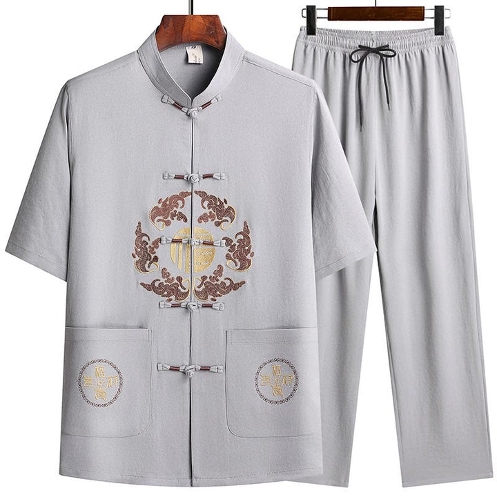 Buddha Stones Fu Caractère Tang Costume Hanfu Uniforme Traditionnel Haut À Manches Courtes Pantalon Vêtements Ensemble Homme - image 4