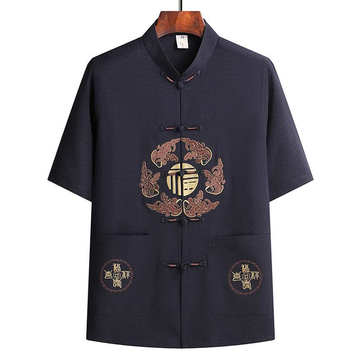 Buddha Stones Fu Caractère Tang Costume Hanfu Uniforme Traditionnel Haut À Manches Courtes Pantalon Vêtements Ensemble Homme - image 19
