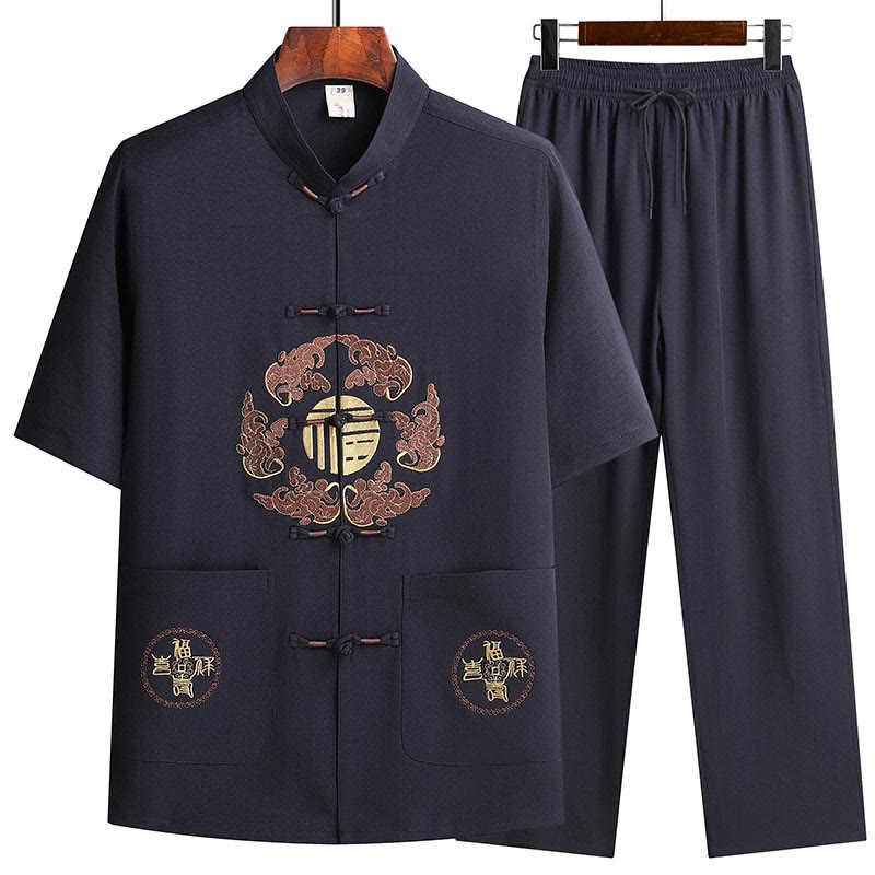 Buddha Stones Fu Caractère Tang Costume Hanfu Uniforme Traditionnel Haut À Manches Courtes Pantalon Vêtements Ensemble Homme - Bleu marine (haut et pantalon) - US/UK/AU42，EU52 (3XL)  - image 18