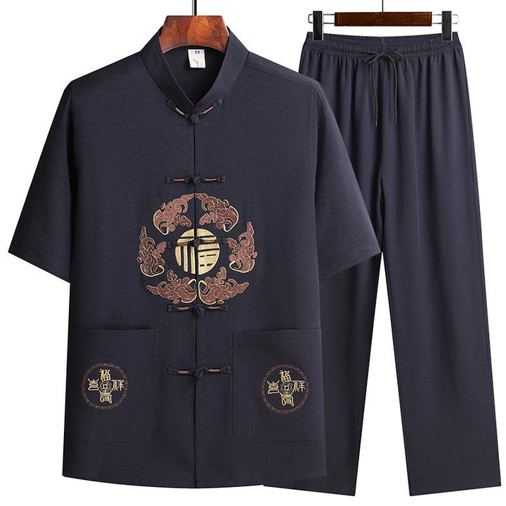 Buddha Stones Fu Caractère Tang Costume Hanfu Uniforme Traditionnel Haut À Manches Courtes Pantalon Vêtements Ensemble Homme - Bleu marine (haut et pantalon) - US/UK/AU42，EU52 (3XL)  - image 18