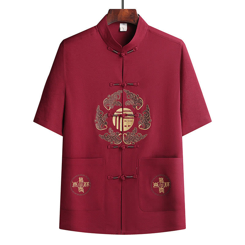 Buddha Stones Fu Caractère Tang Costume Hanfu Uniforme Traditionnel Haut À Manches Courtes Pantalon Vêtements Ensemble Homme - image 22