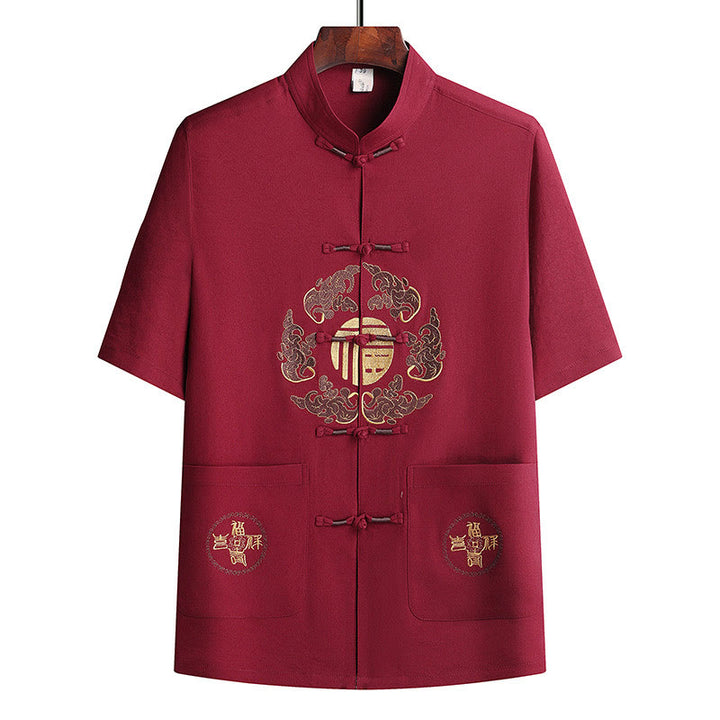 Buddha Stones Fu Caractère Tang Costume Hanfu Uniforme Traditionnel Haut À Manches Courtes Pantalon Vêtements Ensemble Homme - image 22