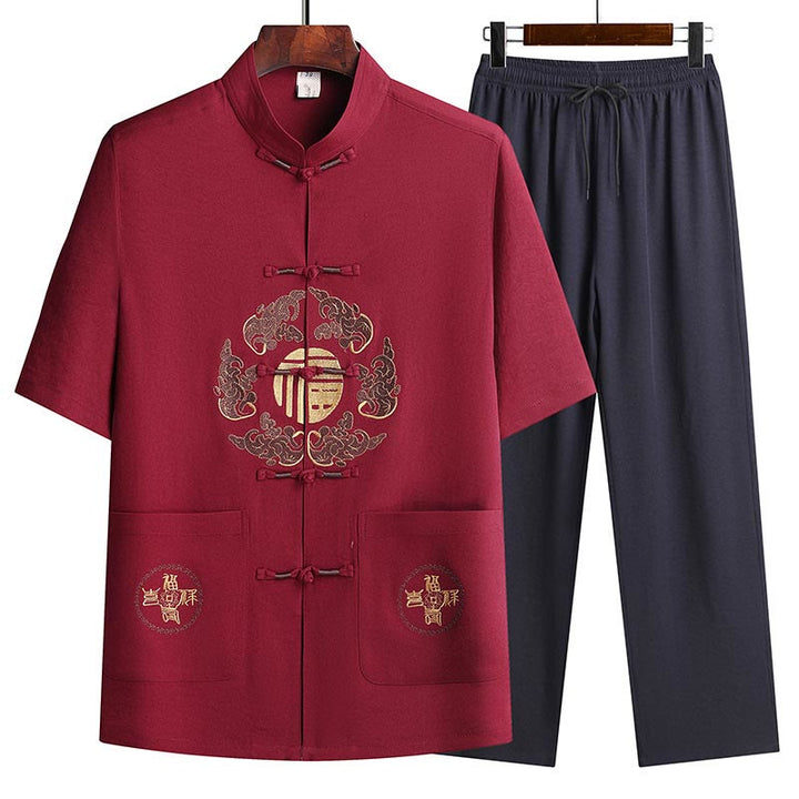 Buddha Stones Fu Caractère Tang Costume Hanfu Uniforme Traditionnel Haut À Manches Courtes Pantalon Vêtements Ensemble Homme - Rouge (haut et pantalon) - US/UK/AU42，EU52 (3XL)  - image 21