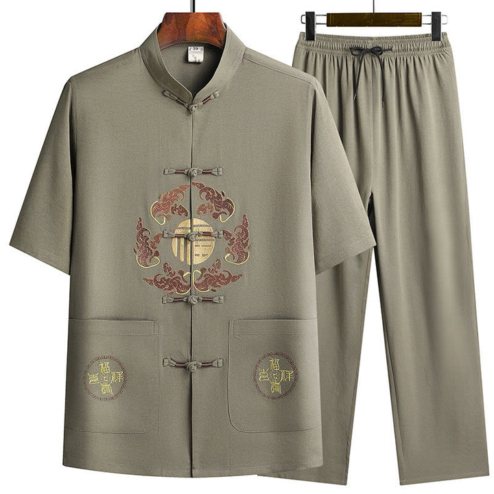 Buddha Stones Fu Caractère Tang Costume Hanfu Uniforme Traditionnel Haut À Manches Courtes Pantalon Vêtements Ensemble Homme - Vert armée (haut et pantalon) - US/UK/AU42，EU52 (3XL)  - image 24