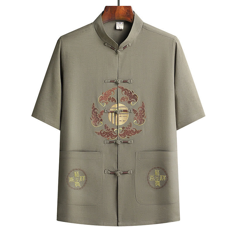 Buddha Stones Fu Caractère Tang Costume Hanfu Uniforme Traditionnel Haut À Manches Courtes Pantalon Vêtements Ensemble Homme - image 25