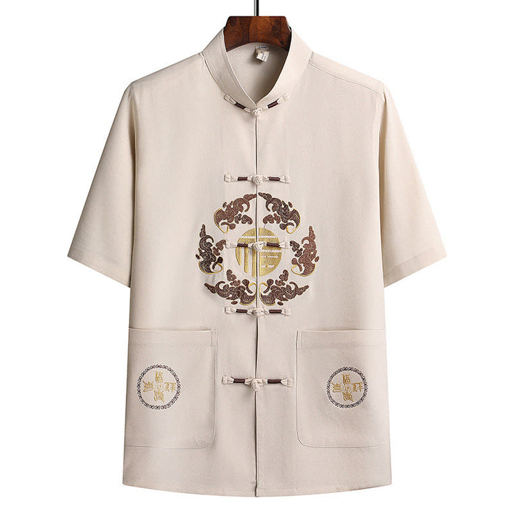 Buddha Stones Fu Caractère Tang Costume Hanfu Uniforme Traditionnel Haut À Manches Courtes Pantalon Vêtements Ensemble Homme - image 28