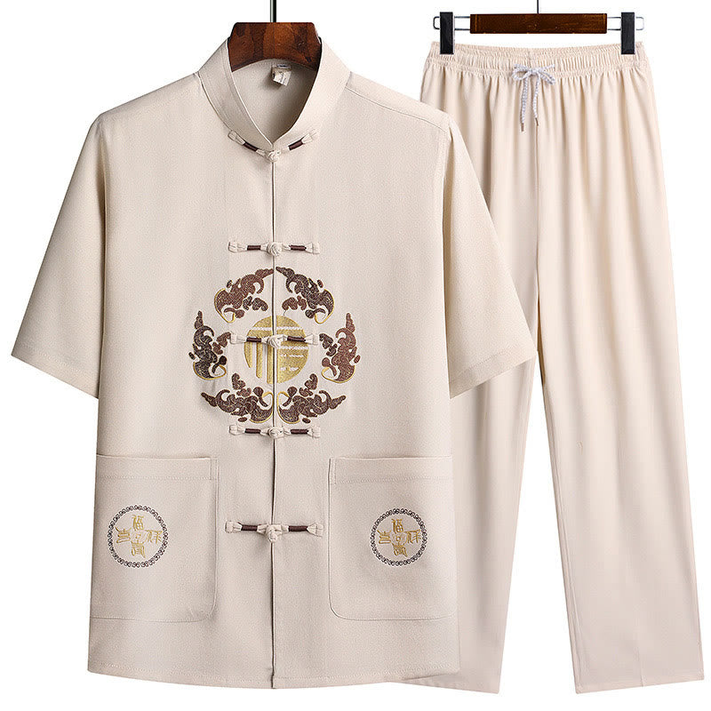 Buddha Stones Fu Caractère Tang Costume Hanfu Uniforme Traditionnel Haut À Manches Courtes Pantalon Vêtements Ensemble Homme - Blanc (haut et pantalon) - US/UK/AU42，EU52 (3XL)  - image 27