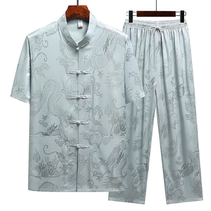 Costume Tang à motifs de dragon et de Buddha Stones, uniforme traditionnel Hanfu, haut à manches courtes et pantalon, ensemble pour hommes - Gris Bleu (Haut et pantalon) - US/UK/AU44，EU54 (4XL) - image 0